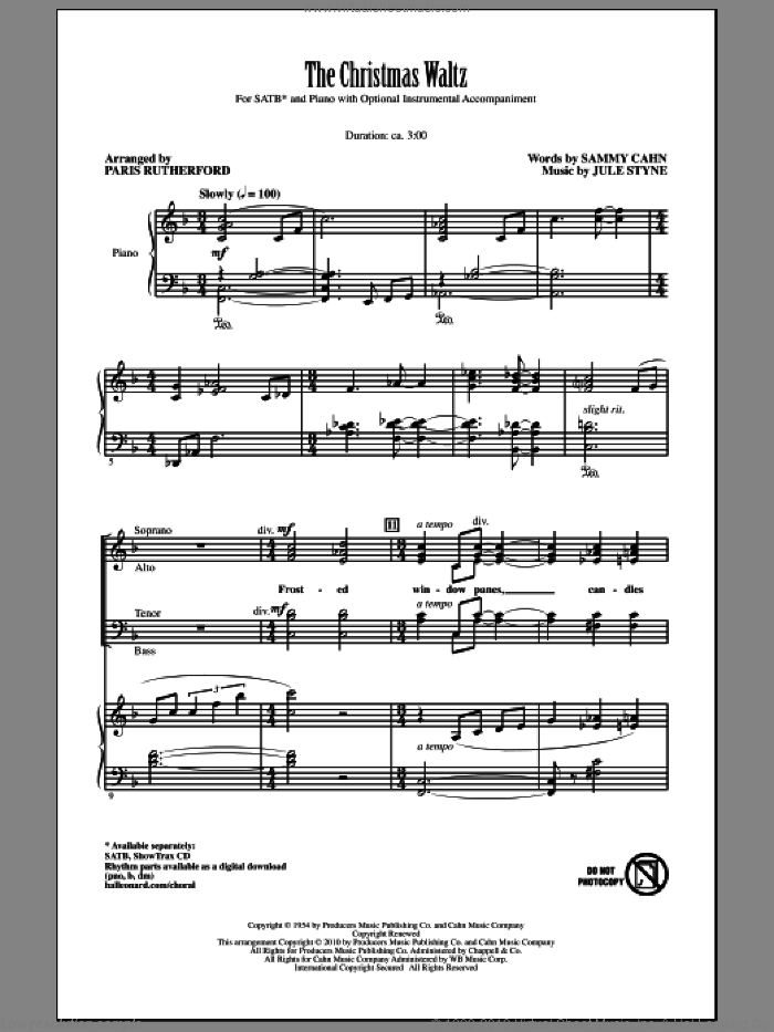 The Christmas Waltz sheet music for choir (SATB: soprano, alto, tenor, bass) by Sammy Cahn, Jule Styne and Paris Rutherford, intermediate skill level