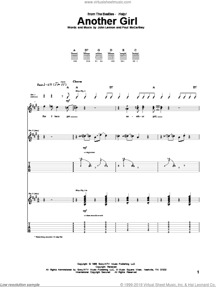 Another Girl sheet music for guitar (tablature) by The Beatles, John Lennon and Paul McCartney, intermediate skill level