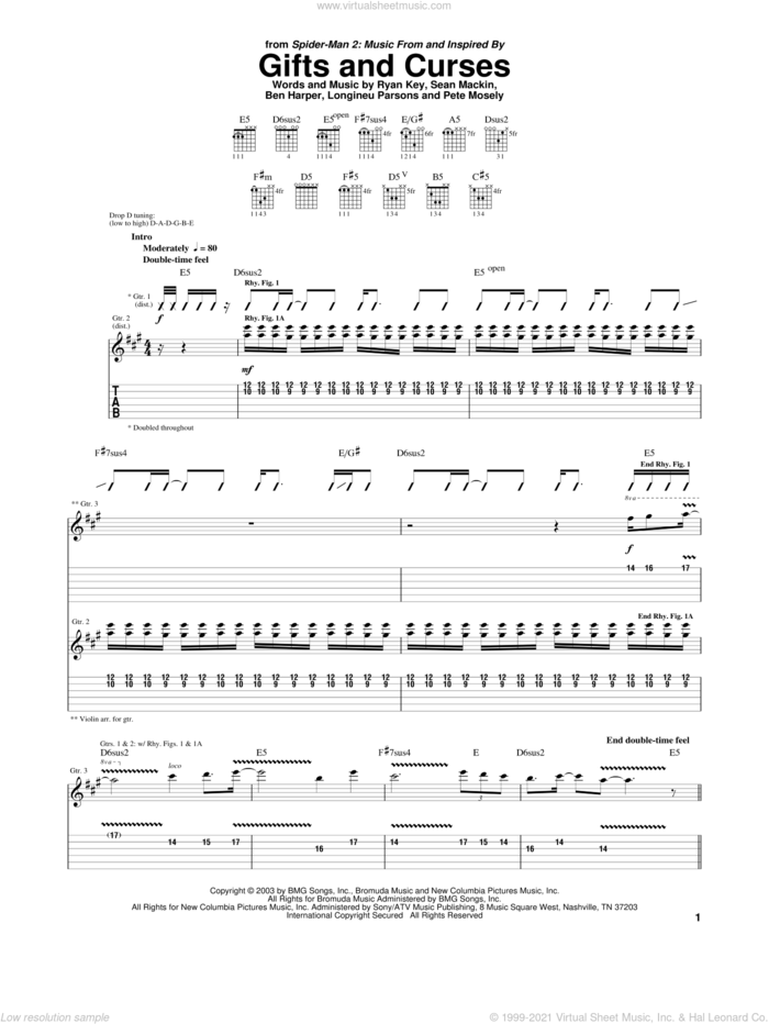 Gifts And Curses sheet music for guitar (tablature) by Yellowcard, Spider-Man 2 (Movie), Ben Harper, Longineu Parsons, Pete Mosely, Ryan Key and Sean Mackin, intermediate skill level