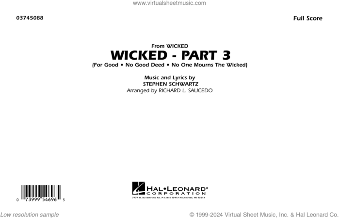 Wicked, part 3 (arr. richard l. saucedo) sheet music for marching band (full score) by Stephen Schwartz and Richard L. Saucedo, intermediate skill level