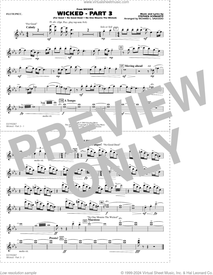 Wicked, part 3 (arr. richard l. saucedo) sheet music for marching band (flute/piccolo) by Stephen Schwartz and Richard L. Saucedo, intermediate skill level