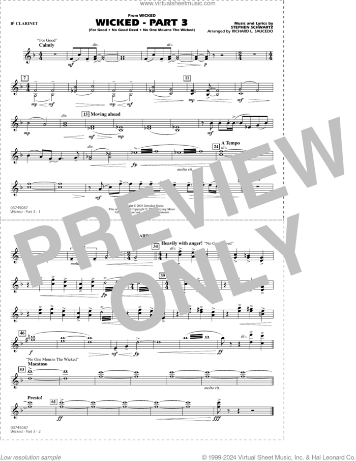 Wicked, part 3 (arr. richard l. saucedo) sheet music for marching band (Bb clarinet) by Stephen Schwartz and Richard L. Saucedo, intermediate skill level