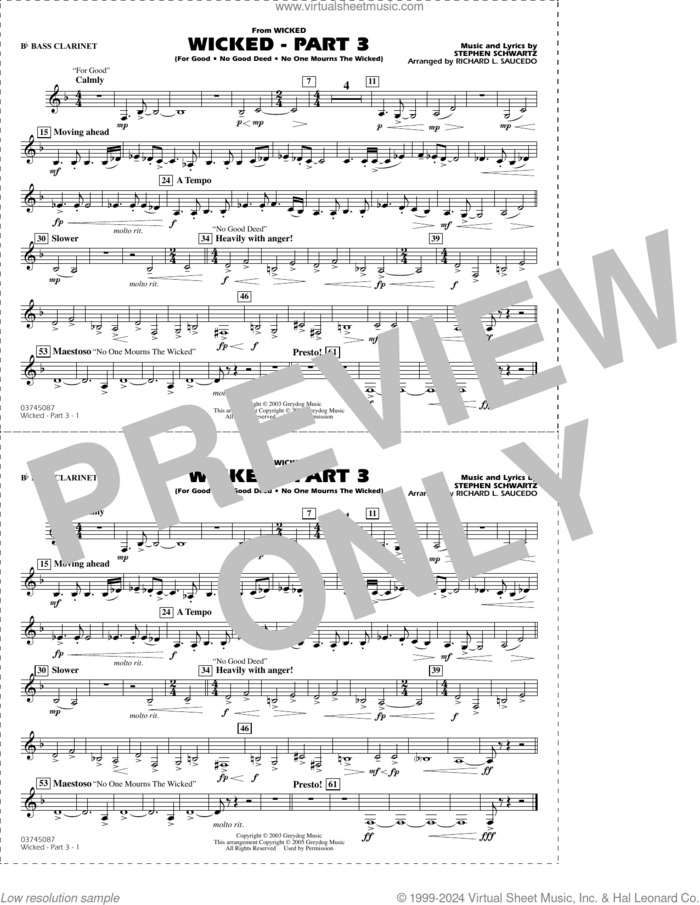 Wicked, part 3 (arr. richard l. saucedo) sheet music for marching band (Bb bass clarinet) by Stephen Schwartz and Richard L. Saucedo, intermediate skill level