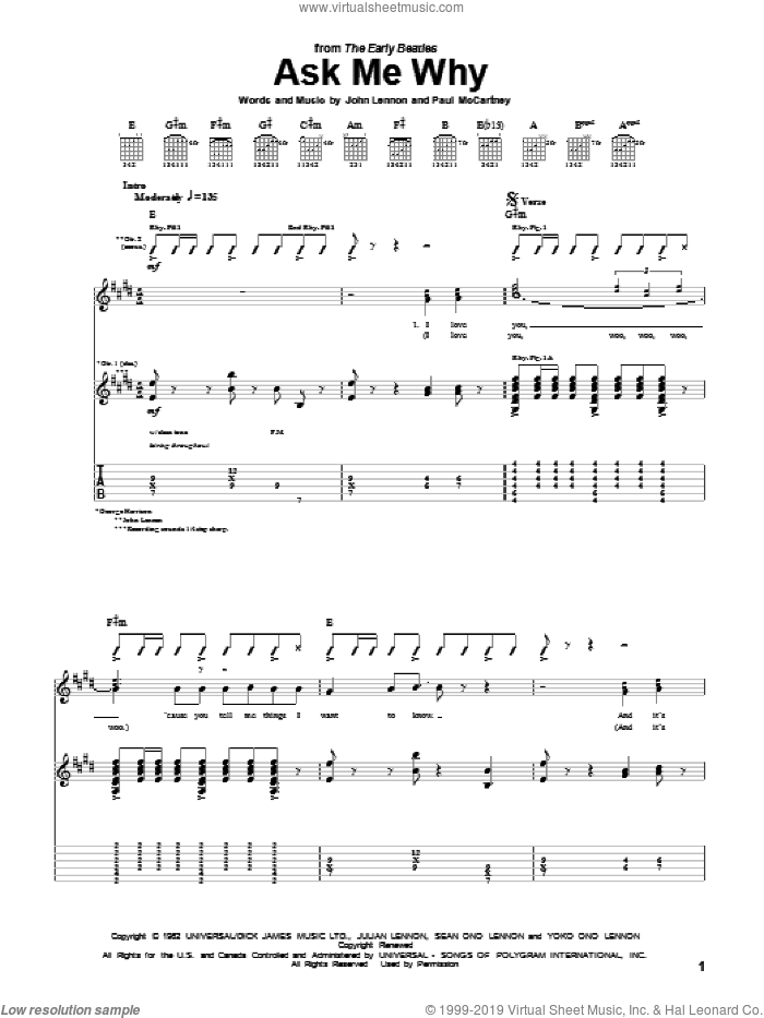 Ask Me Why sheet music for guitar (tablature) by The Beatles, John Lennon and Paul McCartney, intermediate skill level