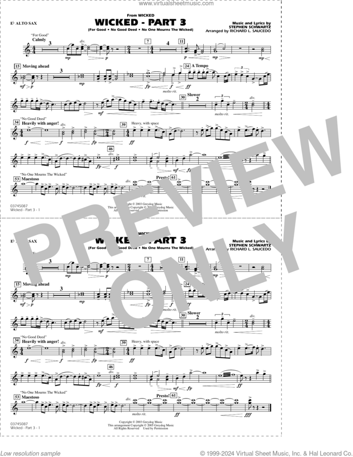 Wicked, part 3 (arr. richard l. saucedo) sheet music for marching band (Eb alto sax) by Stephen Schwartz and Richard L. Saucedo, intermediate skill level