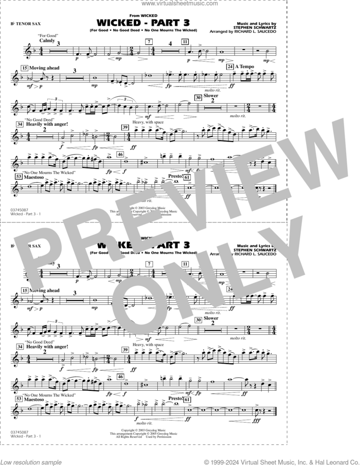 Wicked, part 3 (arr. richard l. saucedo) sheet music for marching band (Bb tenor sax) by Stephen Schwartz and Richard L. Saucedo, intermediate skill level