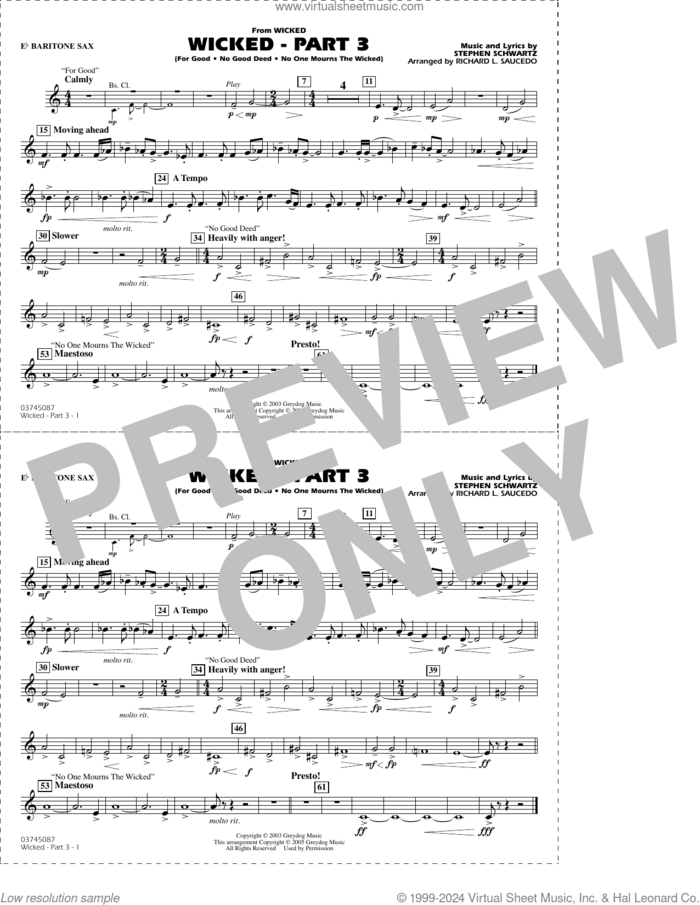 Wicked, part 3 (arr. richard l. saucedo) sheet music for marching band (Eb baritone sax) by Stephen Schwartz and Richard L. Saucedo, intermediate skill level