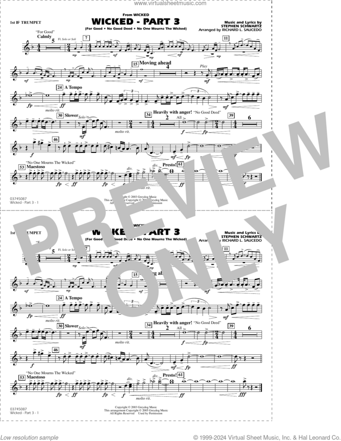 Wicked, part 3 (arr. richard l. saucedo) sheet music for marching band (1st Bb trumpet) by Stephen Schwartz and Richard L. Saucedo, intermediate skill level