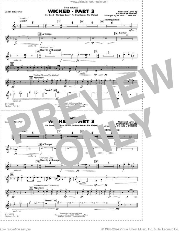 Wicked, part 3 (arr. richard l. saucedo) sheet music for marching band (2nd Bb trumpet) by Stephen Schwartz and Richard L. Saucedo, intermediate skill level