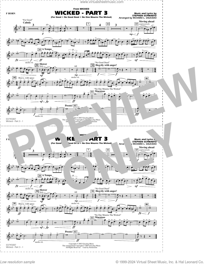 Wicked, part 3 (arr. richard l. saucedo) sheet music for marching band (f horn) by Stephen Schwartz and Richard L. Saucedo, intermediate skill level