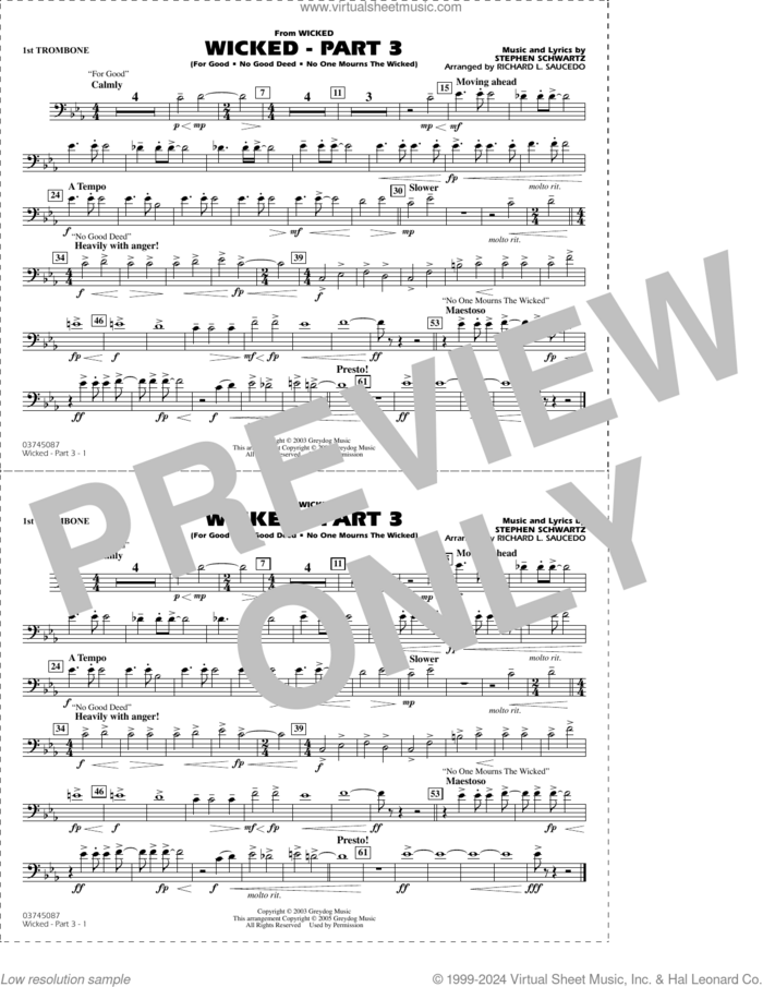 Wicked, part 3 (arr. richard l. saucedo) sheet music for marching band (1st trombone) by Stephen Schwartz and Richard L. Saucedo, intermediate skill level