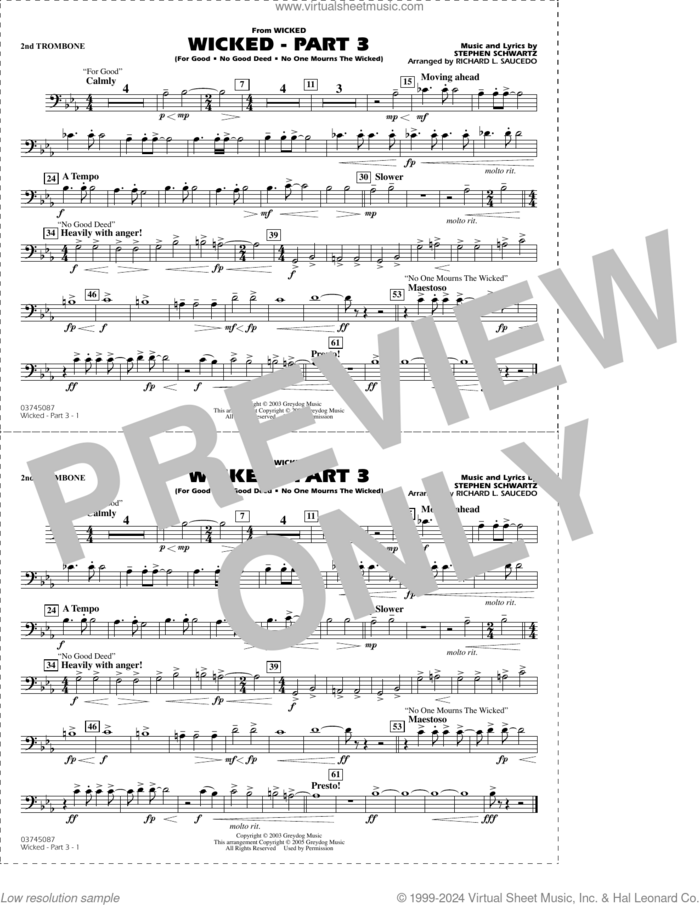 Wicked, part 3 (arr. richard l. saucedo) sheet music for marching band (2nd trombone) by Stephen Schwartz and Richard L. Saucedo, intermediate skill level