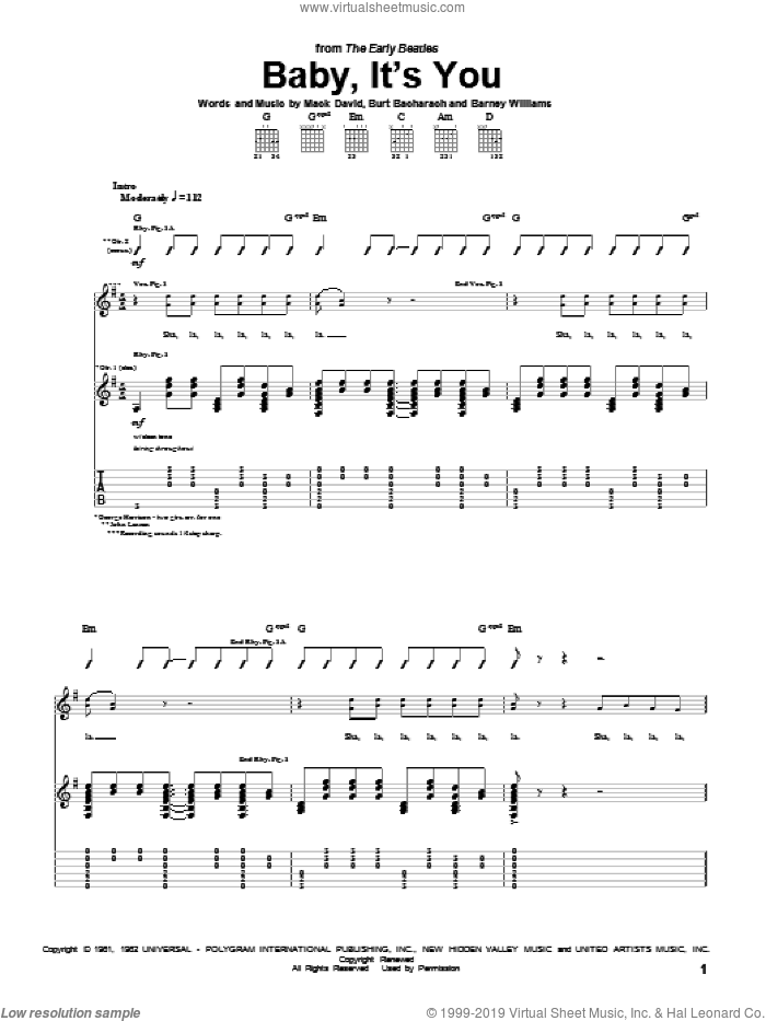 Baby, It's You sheet music for guitar (tablature) by The Beatles, The Shirelles, Barney Williams, Burt Bacharach and Mack David, intermediate skill level