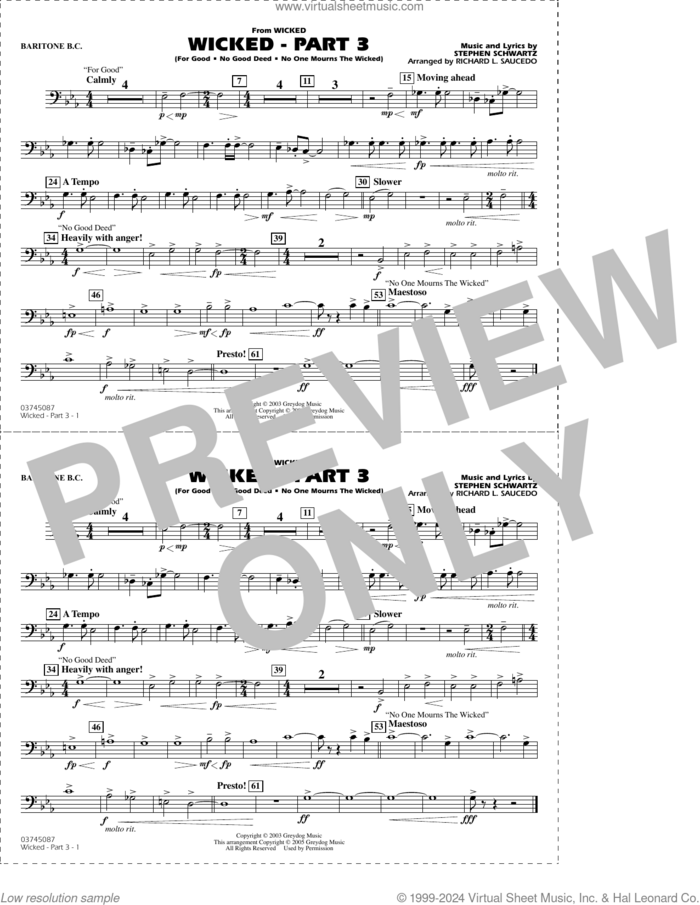 Wicked, part 3 (arr. richard l. saucedo) sheet music for marching band (baritone b.c.) by Stephen Schwartz and Richard L. Saucedo, intermediate skill level