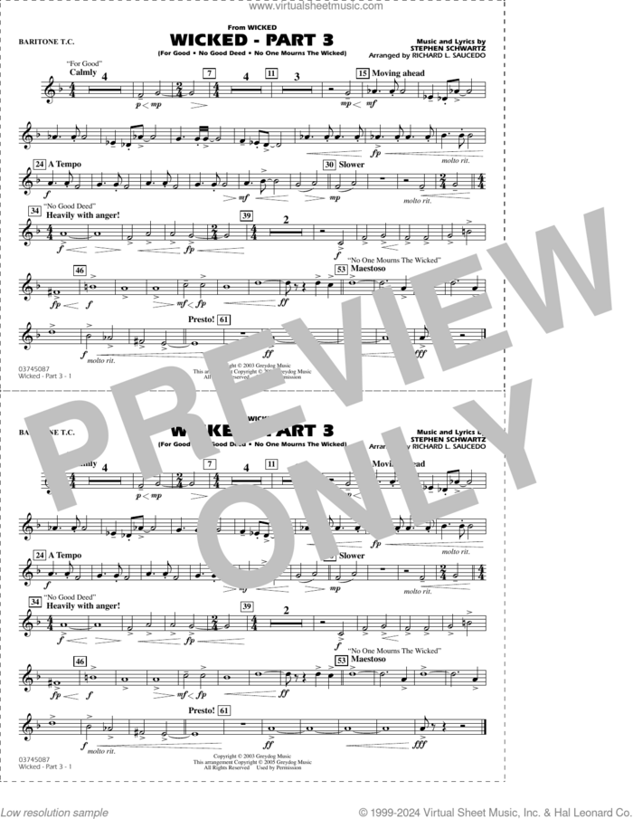 Wicked, part 3 (arr. richard l. saucedo) sheet music for marching band (baritone t.c.) by Stephen Schwartz and Richard L. Saucedo, intermediate skill level