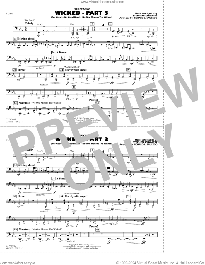 Wicked, part 3 (arr. richard l. saucedo) sheet music for marching band (tuba) by Stephen Schwartz and Richard L. Saucedo, intermediate skill level