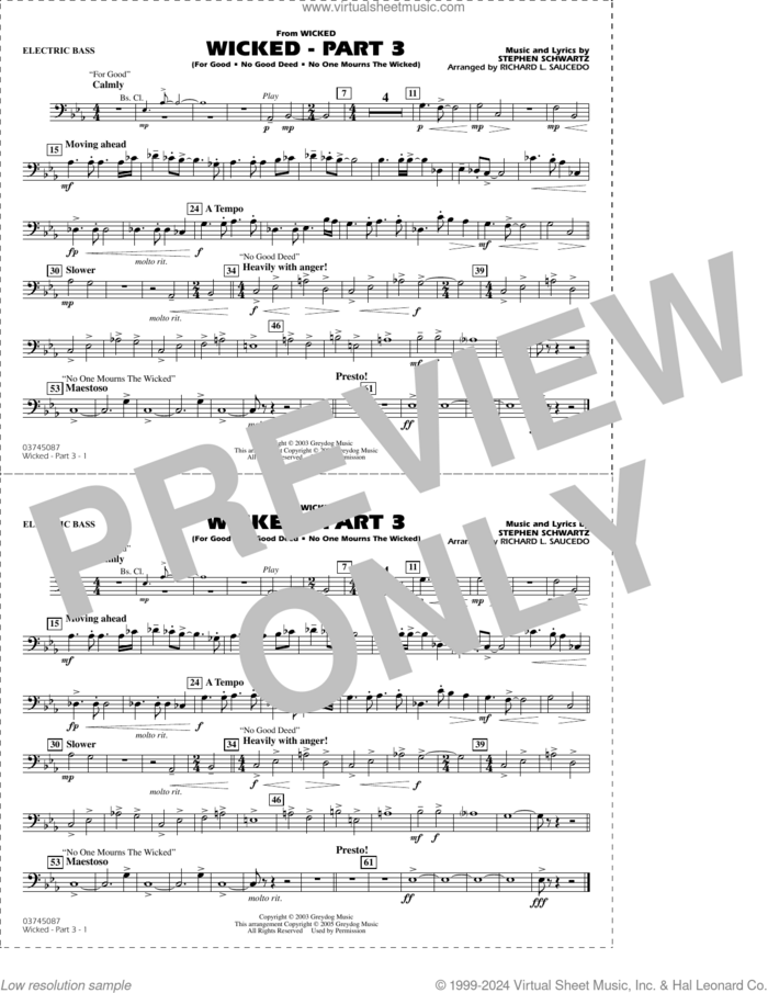 Wicked, part 3 (arr. richard l. saucedo) sheet music for marching band (electric bass) by Stephen Schwartz and Richard L. Saucedo, intermediate skill level