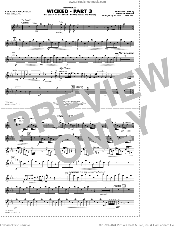 Wicked, part 3 (arr. richard l. saucedo) sheet music for marching band (keyboard percussion) by Stephen Schwartz and Richard L. Saucedo, intermediate skill level