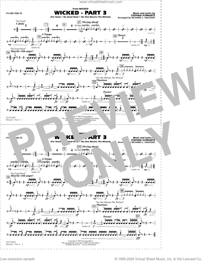 Wicked, part 3 (arr. richard l. saucedo) sheet music for marching band (snare drum) by Stephen Schwartz and Richard L. Saucedo, intermediate skill level