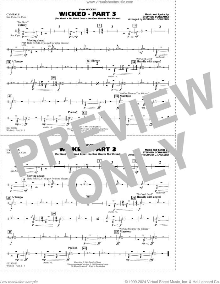 Wicked, part 3 (arr. richard l. saucedo) sheet music for marching band (cymbals) by Stephen Schwartz and Richard L. Saucedo, intermediate skill level