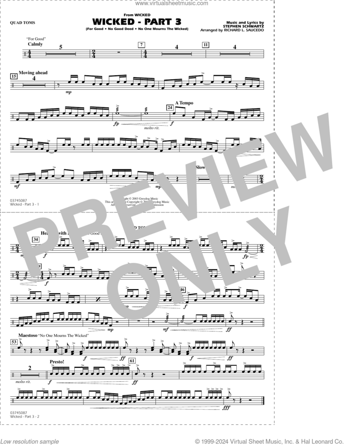 Wicked, part 3 (arr. richard l. saucedo) sheet music for marching band (quad toms) by Stephen Schwartz and Richard L. Saucedo, intermediate skill level