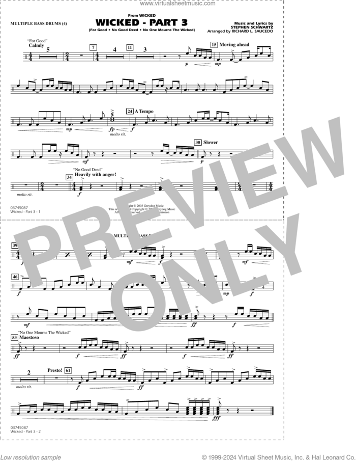 Wicked, part 3 (arr. richard l. saucedo) sheet music for marching band (multiple bass drums) by Stephen Schwartz and Richard L. Saucedo, intermediate skill level