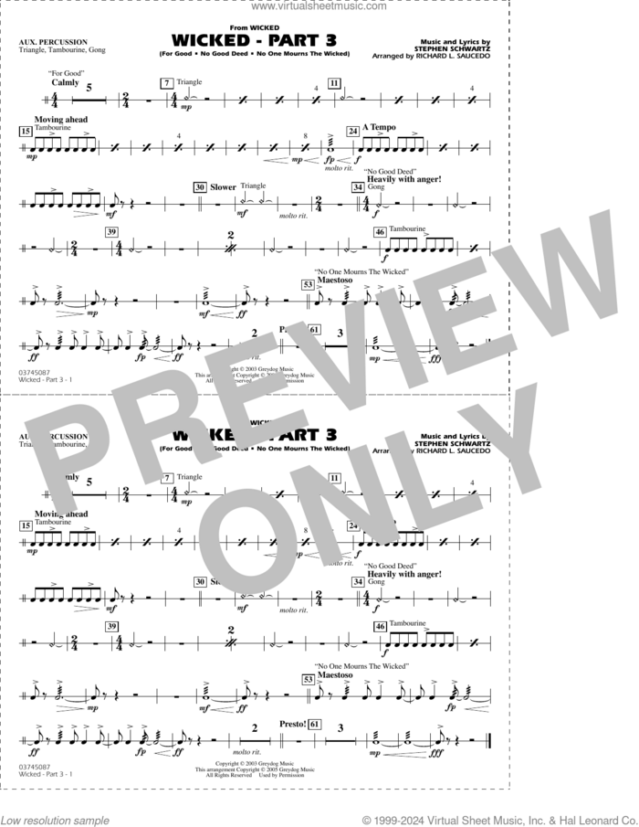 Wicked, part 3 (arr. richard l. saucedo) sheet music for marching band (aux percussion) by Stephen Schwartz and Richard L. Saucedo, intermediate skill level