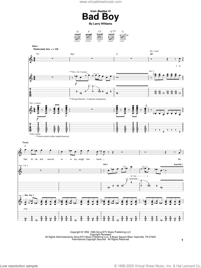 Bad Boy sheet music for guitar (tablature) by The Beatles and Larry Williams, intermediate skill level