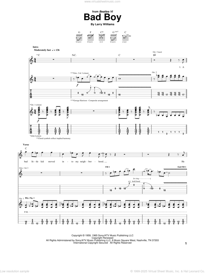 Bad Boy sheet music for guitar (tablature) by The Beatles and Larry Williams, intermediate skill level