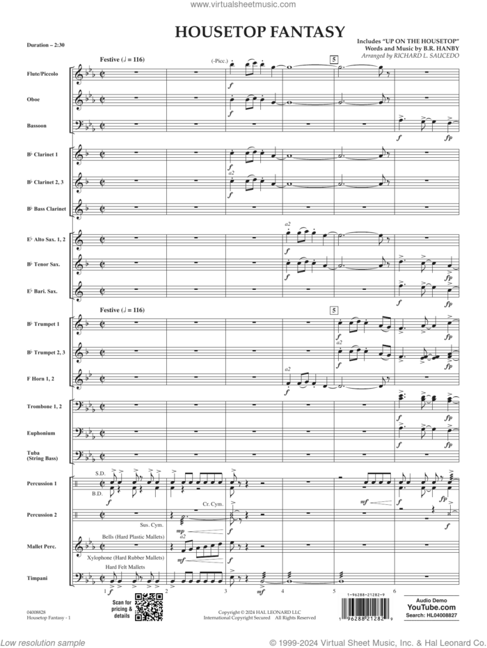 Housetop Fantasy (arr. Richard L. Saucedo) (COMPLETE) sheet music for concert band by Richard L. Saucedo and Benjamin Hanby, intermediate skill level