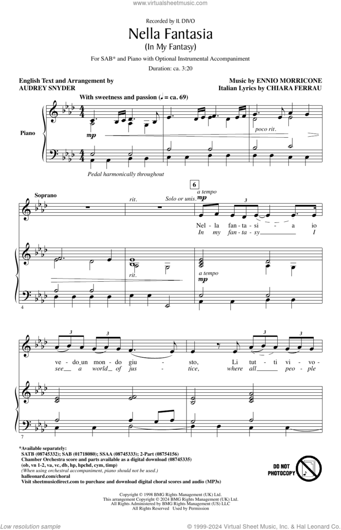 Nella Fantasia (In My Fantasy) (arr. Audrey Snyder) sheet music for choir (SAB: soprano, alto, bass) by Il Divo, Audrey Snyder, Chiara Ferrau and Ennio Morricone, intermediate skill level