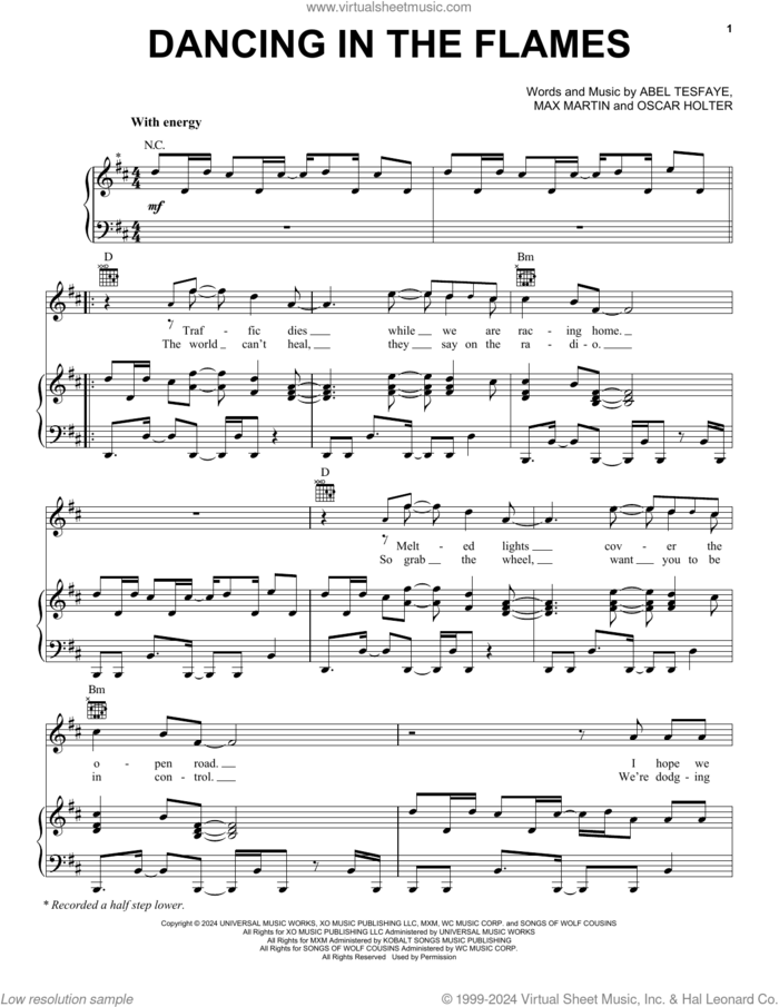 Dancing In The Flames sheet music for voice, piano or guitar by The Weeknd, Abel Tesfaye, Max Martin and Oscar Holter, intermediate skill level