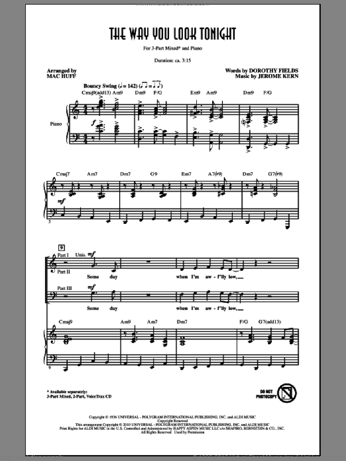 The Way You Look Tonight sheet music for choir (3-Part Mixed) by Jerome Kern, Dorothy Fields and Mac Huff, wedding score, intermediate skill level