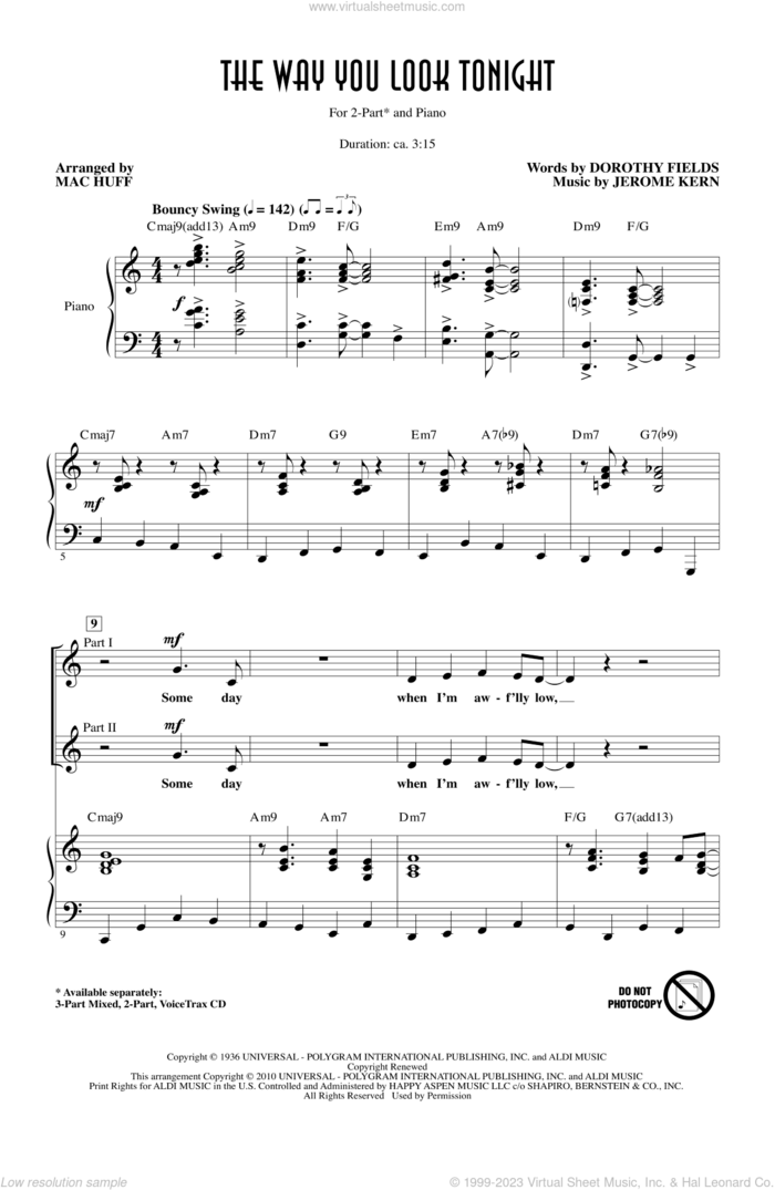 The Way You Look Tonight sheet music for choir (2-Part) by Jerome Kern, Dorothy Fields and Mac Huff, wedding score, intermediate duet