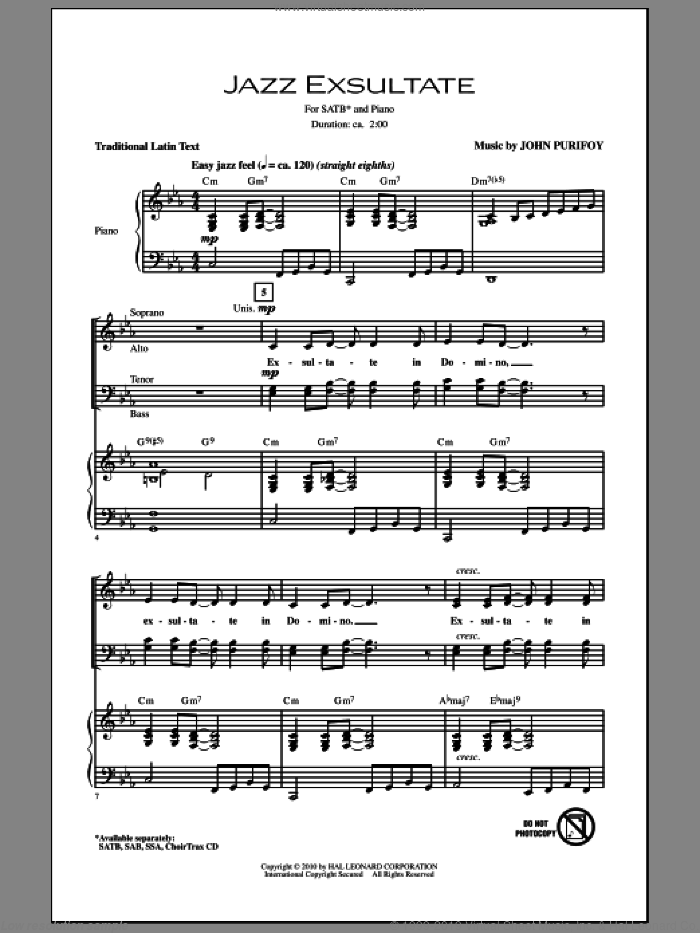 Jazz Exsultate sheet music for choir (SATB: soprano, alto, tenor, bass) by John Purifoy, intermediate skill level