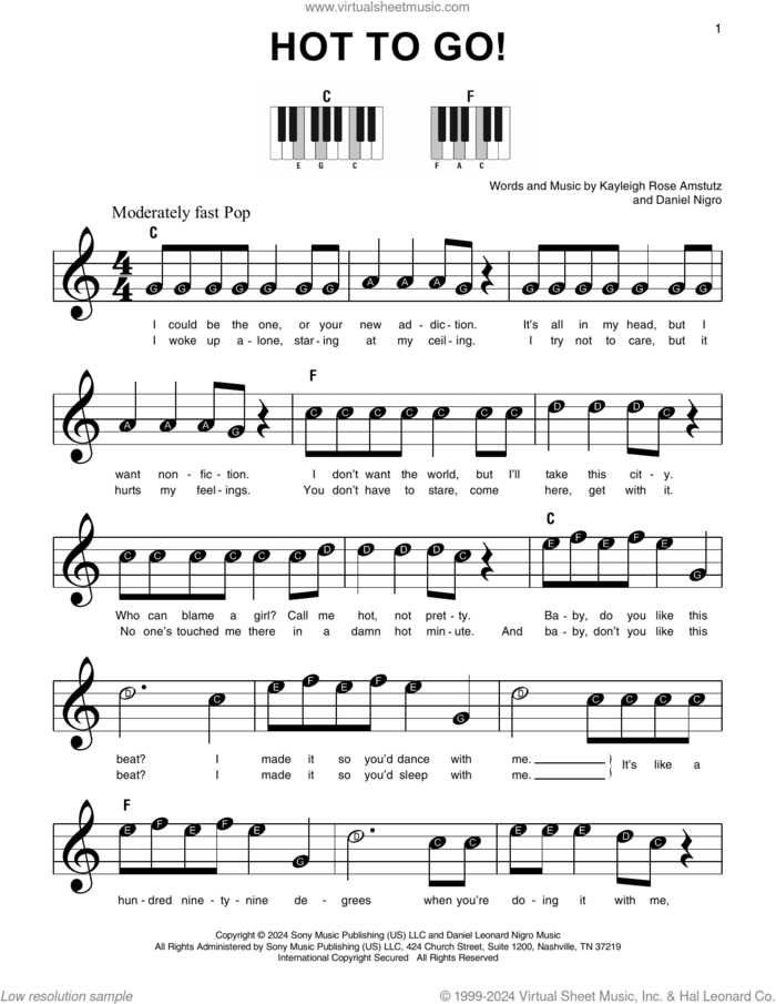 HOT TO GO! sheet music for piano solo by Chappell Roan, Daniel Nigro and Kayleigh Rose Amstutz, beginner skill level