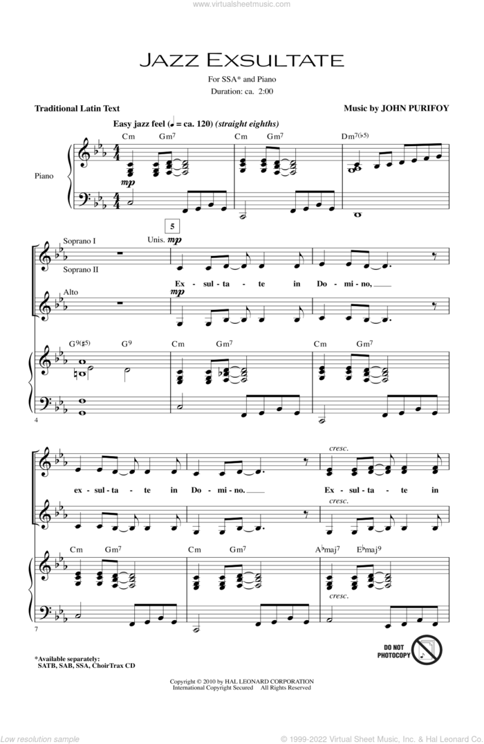 Jazz Exsultate sheet music for choir (SSA: soprano, alto) by John Purifoy, intermediate skill level