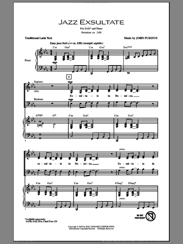 Jazz Exsultate sheet music for choir (SAB: soprano, alto, bass) by John Purifoy, intermediate skill level
