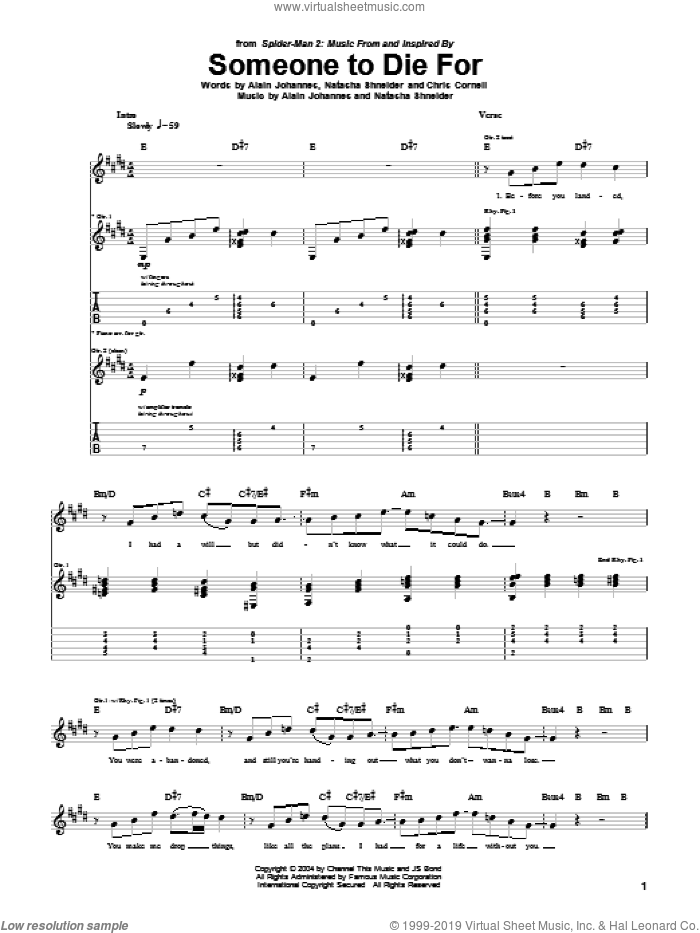 Someone To Die For sheet music for guitar (tablature) by Jimmy Gnecco featuring Brian May, Brian May, Jimmy Gnecco, Spider-Man 2 (Movie), Alain Johannes, Chris Cornell and Natasha Shneider, intermediate skill level