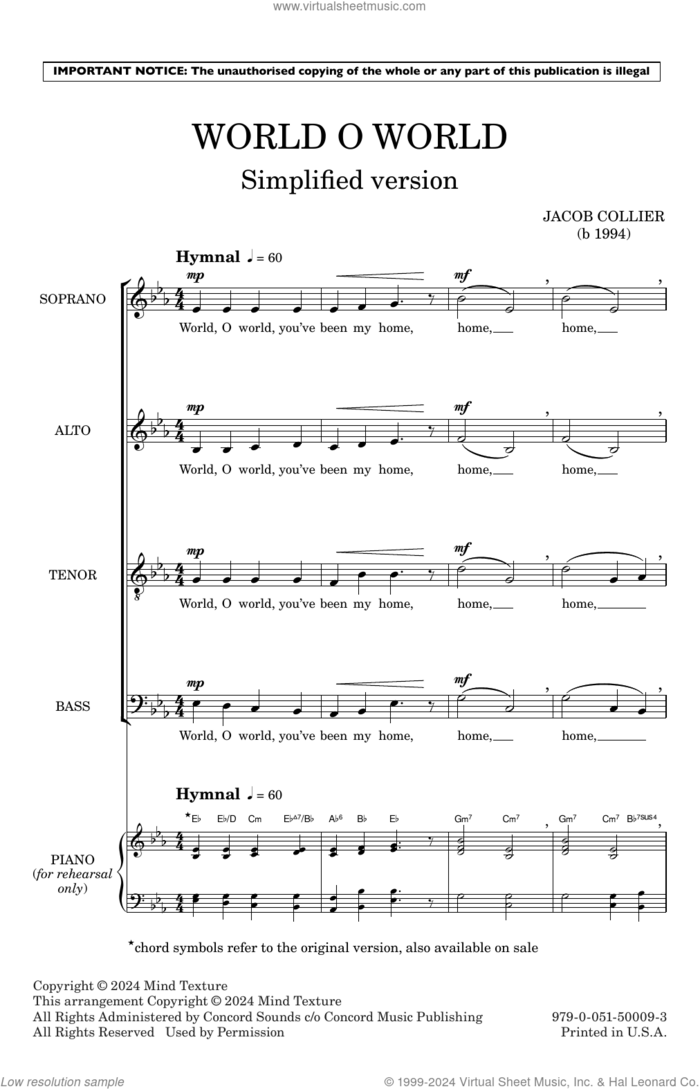 World O World (Simplified version) sheet music for choir (SATB Divisi) by Jacob Collier, intermediate skill level