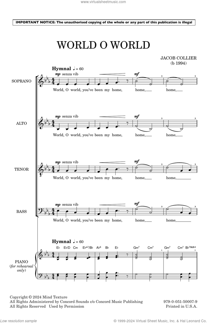 World O World sheet music for choir (SATB Divisi) by Jacob Collier, intermediate skill level