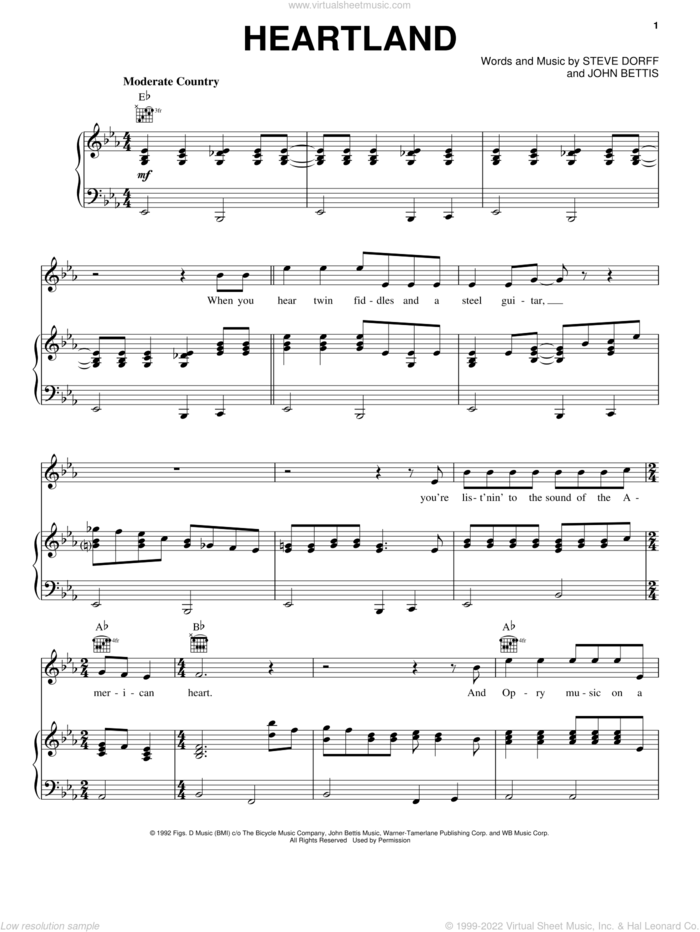 Heartland sheet music for voice, piano or guitar by George Strait, John Bettis and Steve Dorff, intermediate skill level