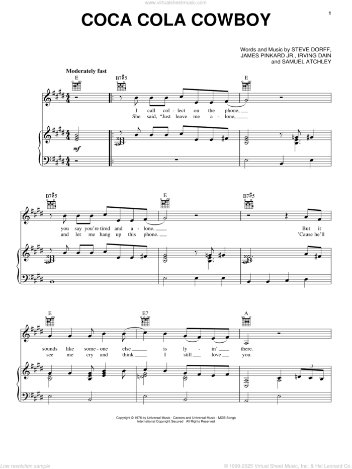 Coca-Cola Cowboy sheet music for voice, piano or guitar by Mel Tillis, Irving Dain, James Pinkard Jr., Samuel Atchley and Steve Dorff, intermediate skill level