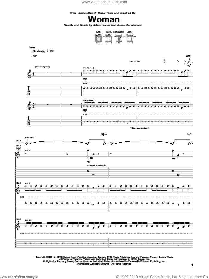 Woman sheet music for guitar (tablature) by Maroon 5, Spider-Man 2 (Movie), Adam Levine and Jesse Carmichael, intermediate skill level