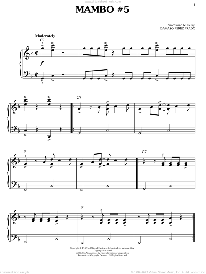 Mambo #5 sheet music for piano solo by Damaso Perez Prado and Perez Prado, easy skill level