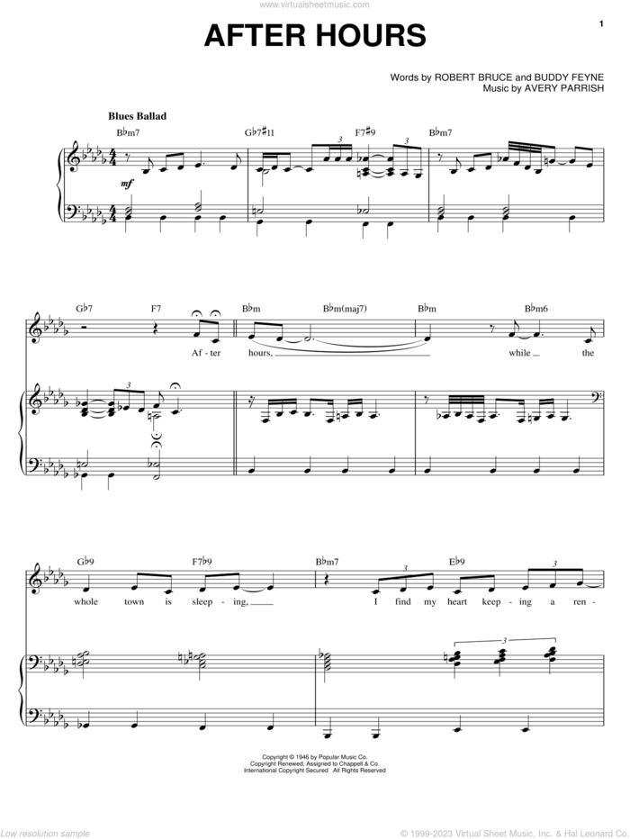 After Hours sheet music for voice and piano by Sarah Vaughan, Avery Parrish, Buddy Feyne and Robert Bruce, intermediate skill level