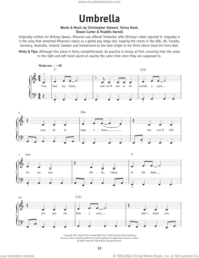 Umbrella sheet music for piano solo by Rihanna and Jay-Z, Christopher Stewart, Shawn Carter, Terius Nash and Thaddis Harrell, beginner skill level