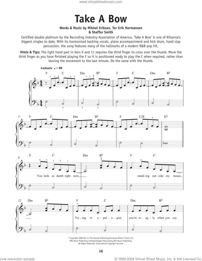 Take A Bow, (beginner) sheet music for piano solo by Rihanna, Mikkel Eriksen, Shaffer Smith and Tor Erik Hermansen, beginner skill level