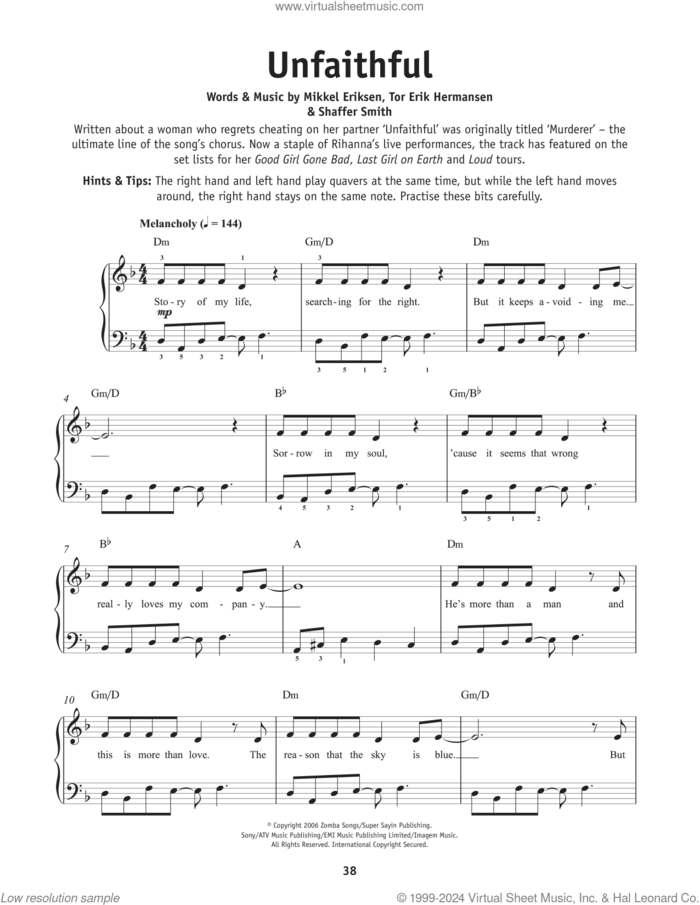 Unfaithful, (beginner) sheet music for piano solo by Rihanna, Mikkel Eriksen, Shaffer Smith and Tor Erik Hermansen, beginner skill level