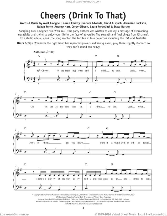 Cheers (Drink To That), (beginner) sheet music for piano solo by Rihanna, Andrew Harr, Avril Lavigne, Corey Gibson, Graham Edwards, Jermaine Jackson, Laura Pergolizzi, Lauren Christy, Robyn Fenty, Scott Spock and Stacy Barthe, beginner skill level